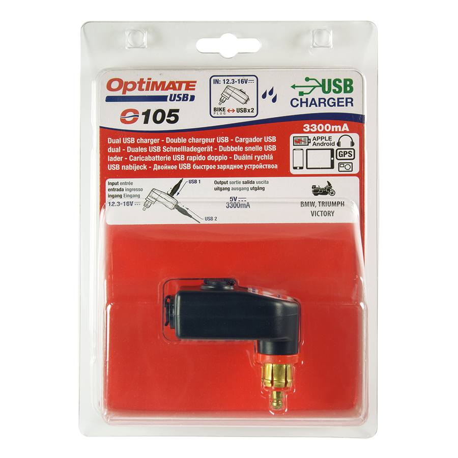 Tecmate Optimate USB O-105 Compatible with BMW, Triumph or Ducati MultiStrada 3300mA Dual Output Weatherproof USB Charger with Bike Plug 