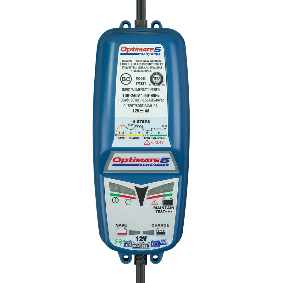 Tecmate Optimate 5 Start/Stop, TM-221, 6-Step 12V 4A Battery Saving  Charger-Tester-maintainer