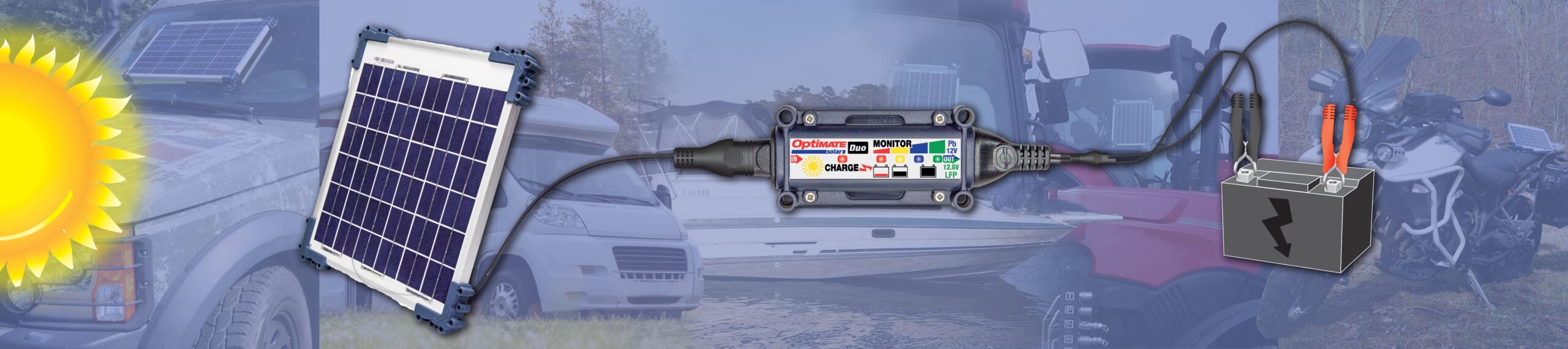 Batterie connectée au contrôleur de charge intelligent et au panneau solaire OptiMate