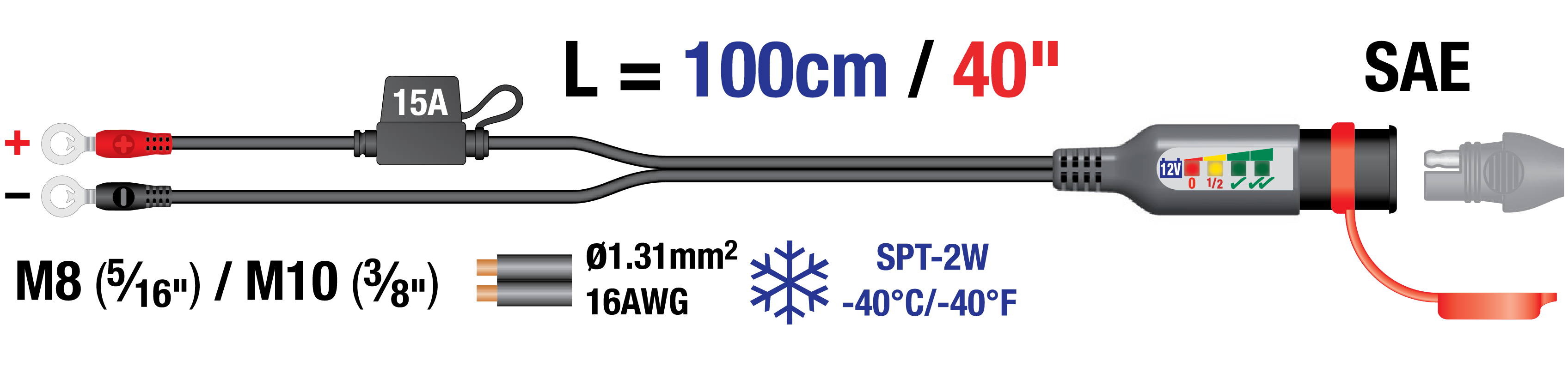 The battery monitor 12V has ringlets that fit a variety of battery terminals with 15A fuse that protects -40° rated cable and electronics