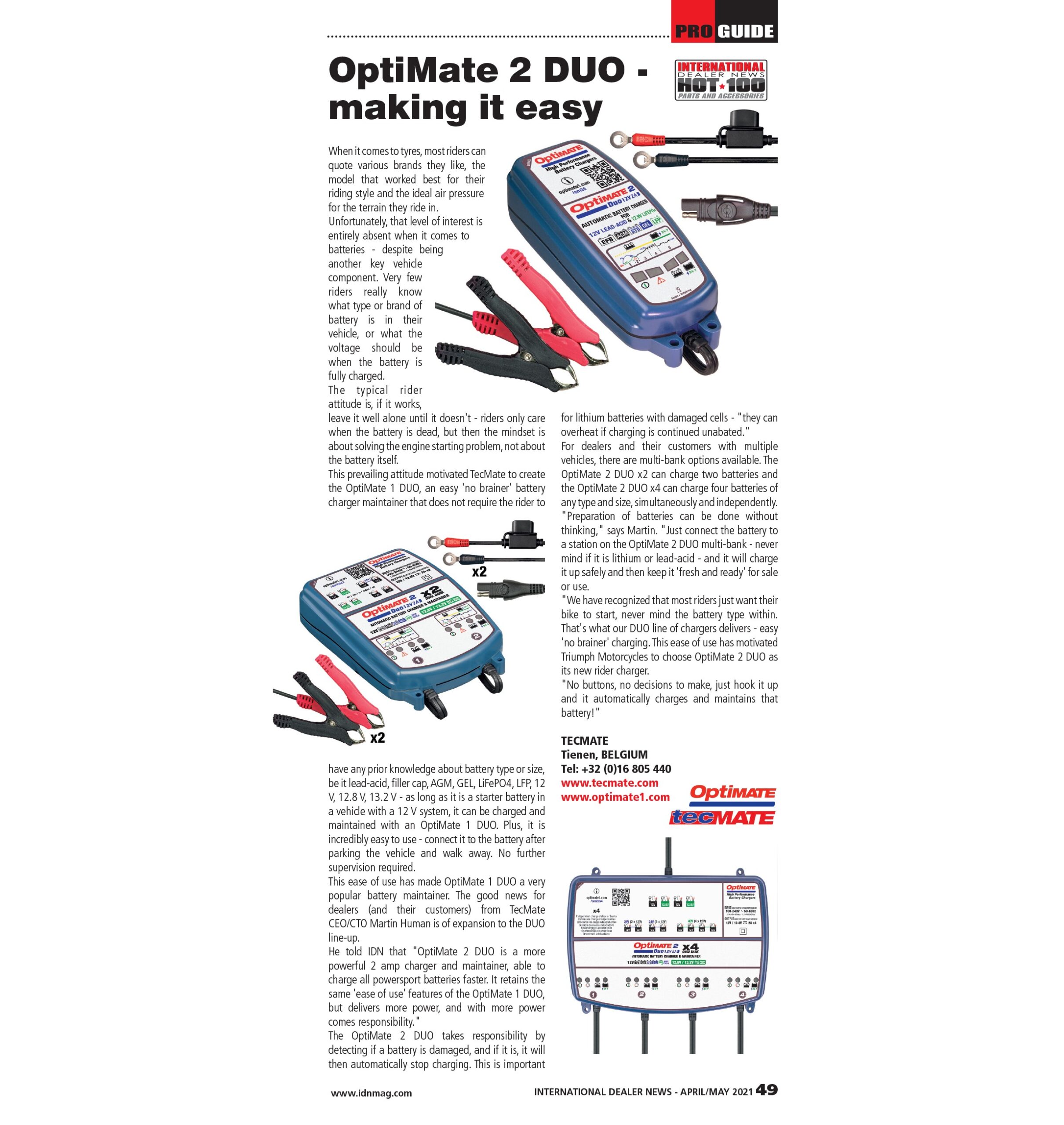 Article about the OptiMate 2 DUO battery charger