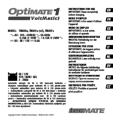 Manual Tecmate Optimate 5 Voltmatic - TM222 (page 1 of 7) (English, German,  Dutch, French, Italian, Portuguese, Swedish, Spanish)