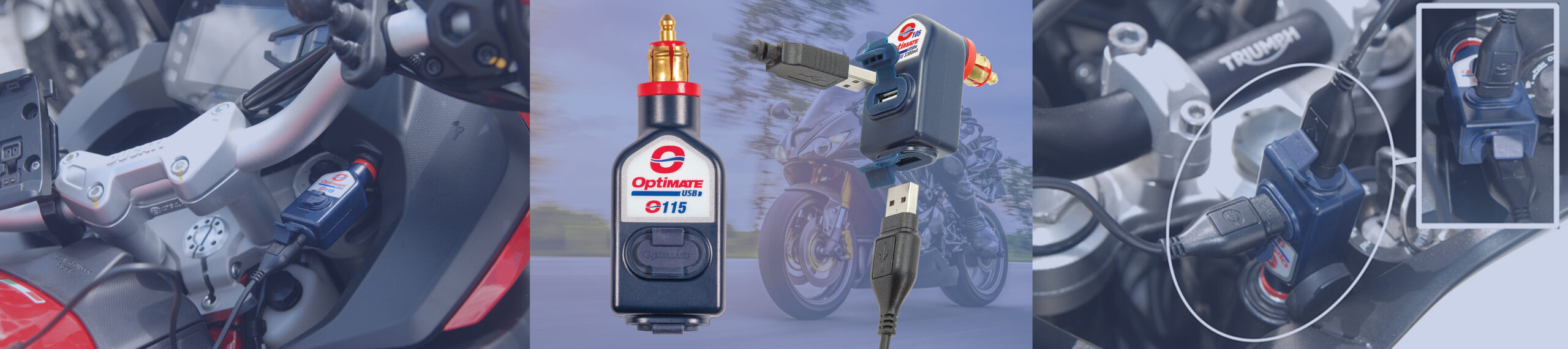 O-115 und O-105 OptiMate USB-Ladegeräte, die an Motorradsteckdosen angeschlossen sind