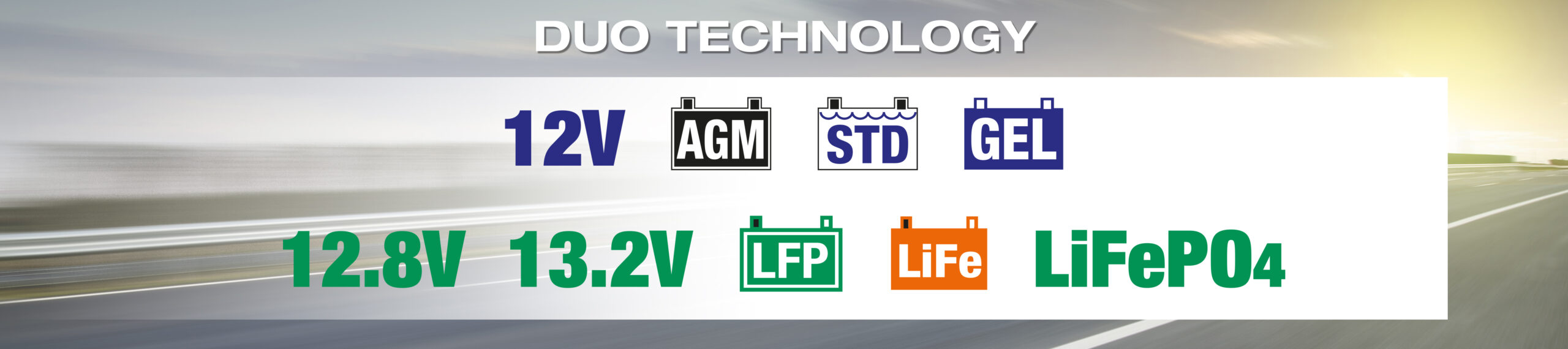 OptiMate's DUO-technologie inclusief 12V AGM, STD & GEL en 12.8V/13.2V Lithium LiFe/LFP (LiFePO4) accu's