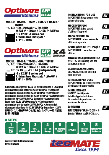 Optimate 4s 0.8A Chargeur de batterie Lithium TECMATE TM-470 12V 0.8A