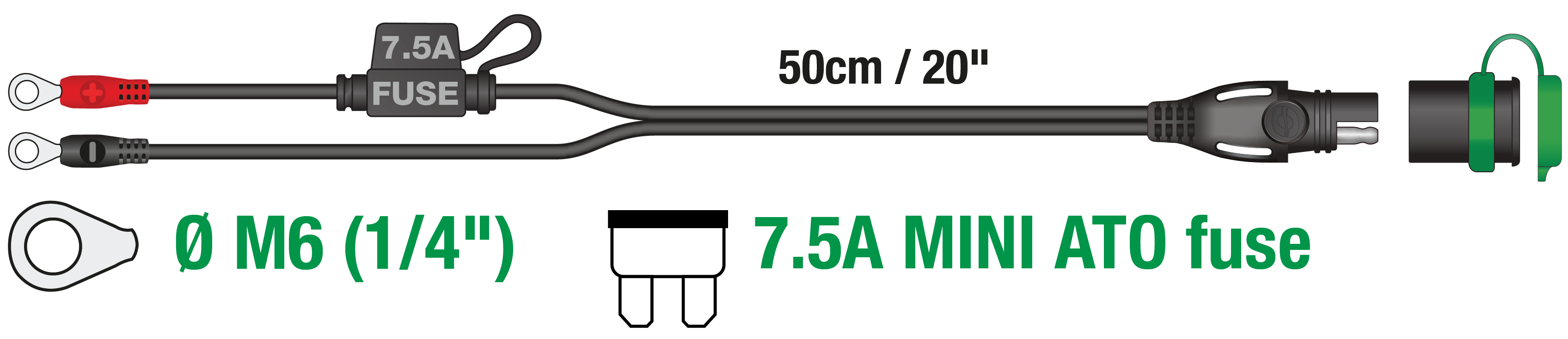 ringlets that perfectly fit to lithium power sport battery terminals with 7.5A fuse that protects the -40° rated cable and electronics