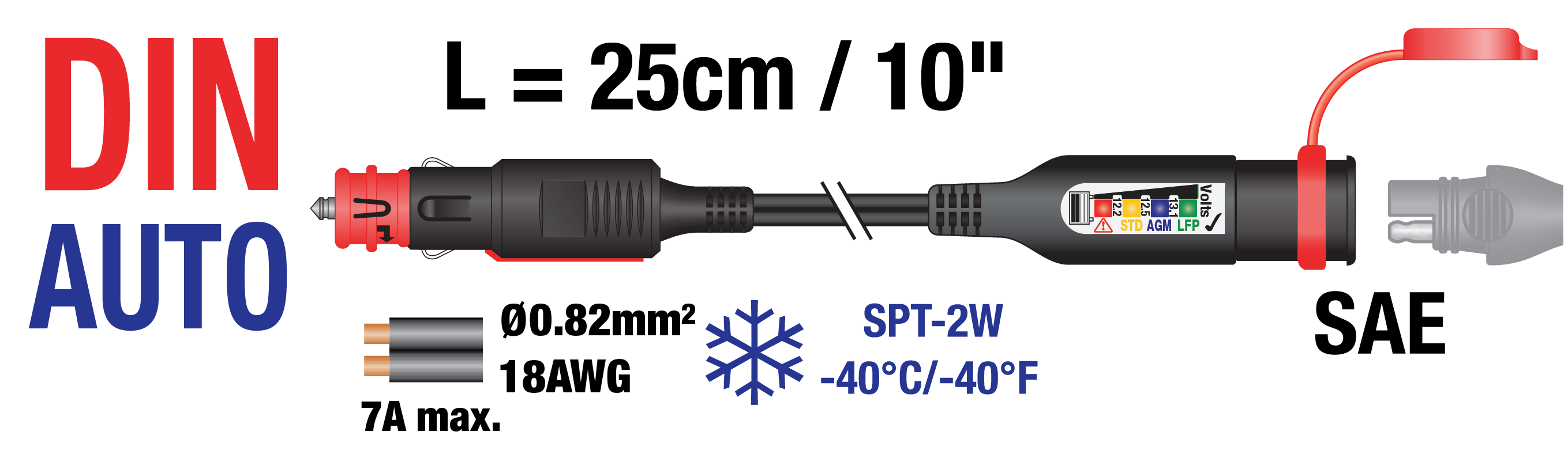 The SAE to SAE adapter connection system fits any SAE standard 2-pin connector.