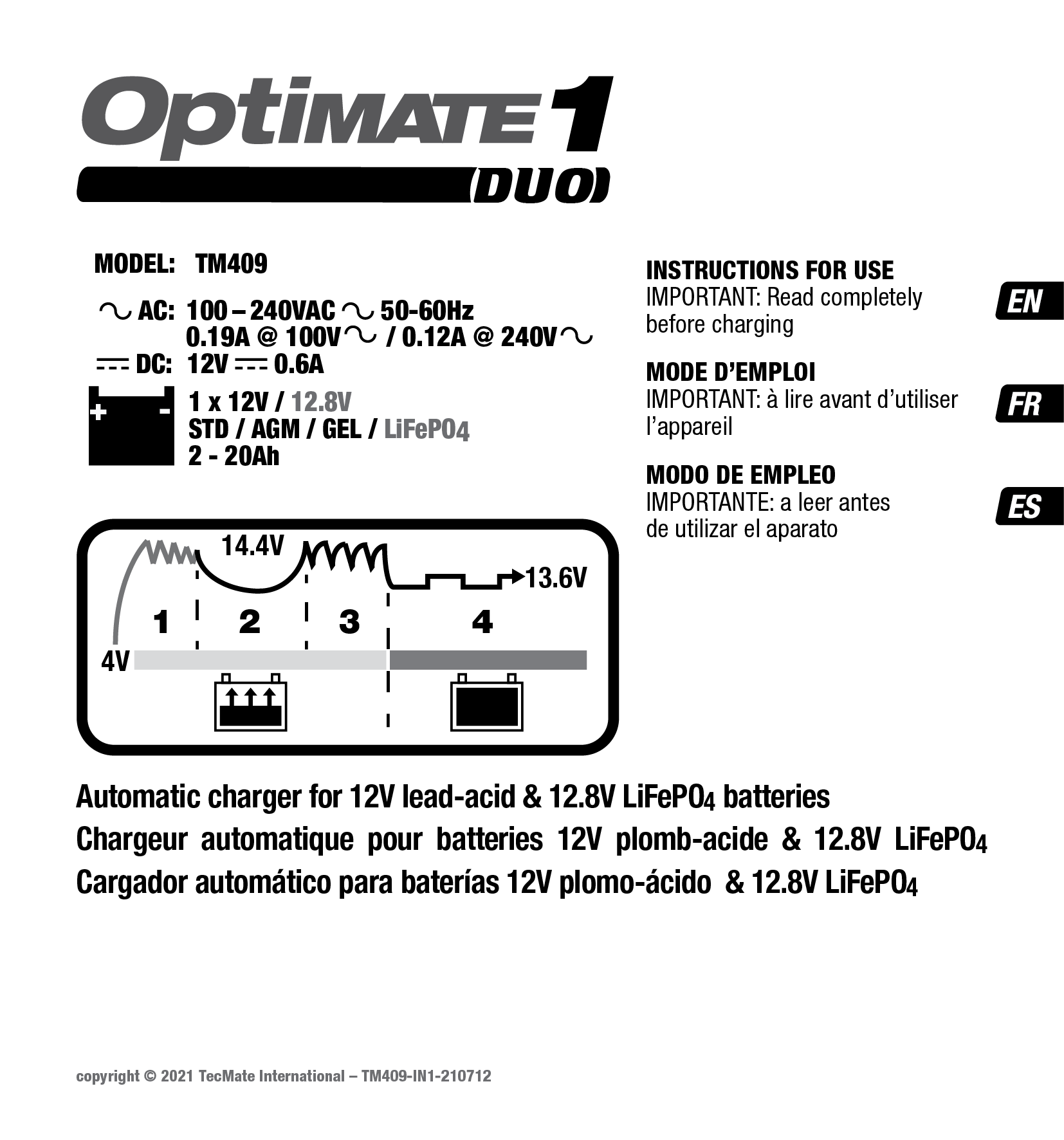Chargeur de batterie moto Tecmate Optimate 1 DUO TM-402D
