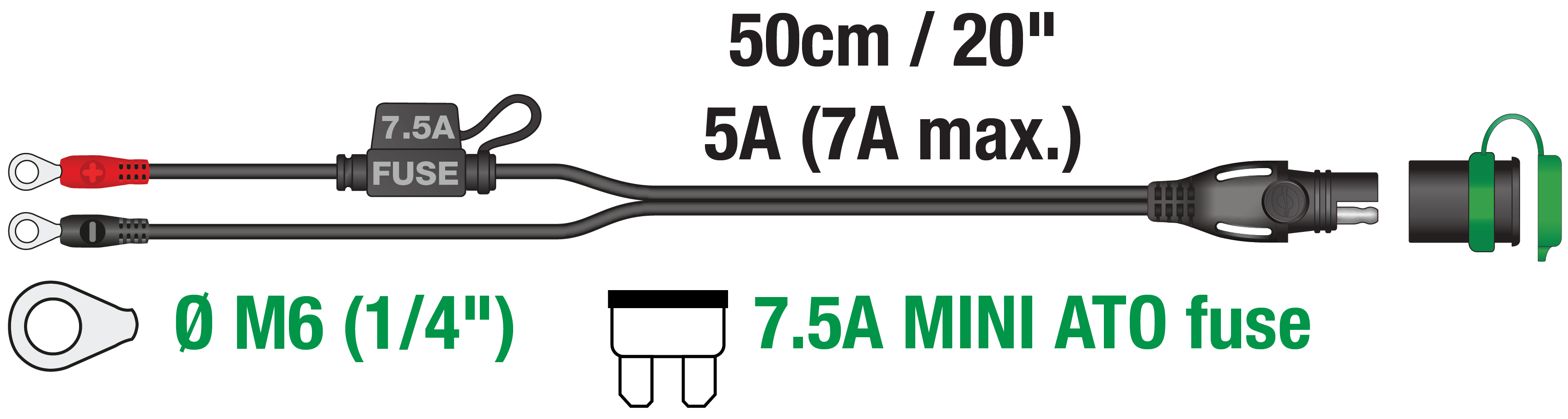 ringlets that perfectly fit to lithium power sport battery terminals with 7.5A fuse that protects the -40° rated cable and electronics
