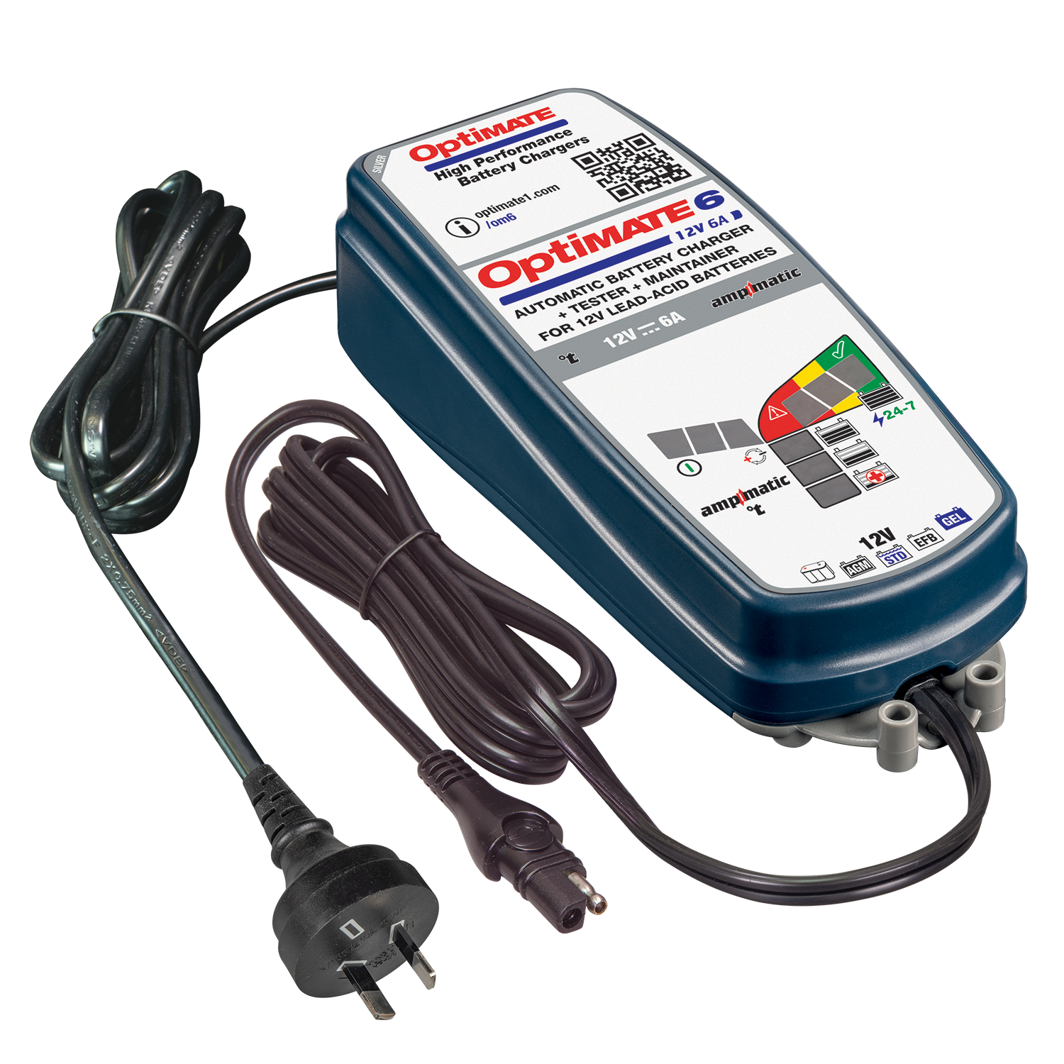 Tecmate Optimate 6 Ampmatic, TM-361, Silver Series: 9-Step 12V 6A Sealed  Battery Saving Charger & maintainer, Blue