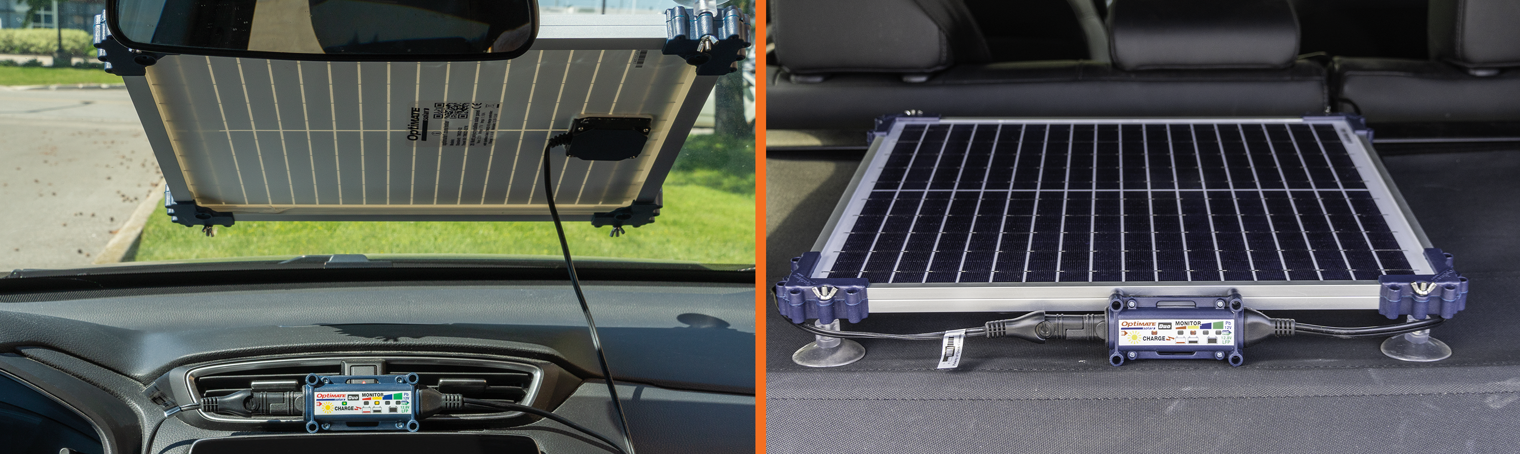 The portable solar charger for car includes premium quality components: polycristalline solar panel, suction mounts, OptiMate Solar Duo controller, O-04 battery clips and O-01 battery lead. 