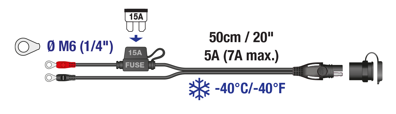 50cm / 20 cable length, with M6 (1/4") / M8 (5/16") adjustable ringlets