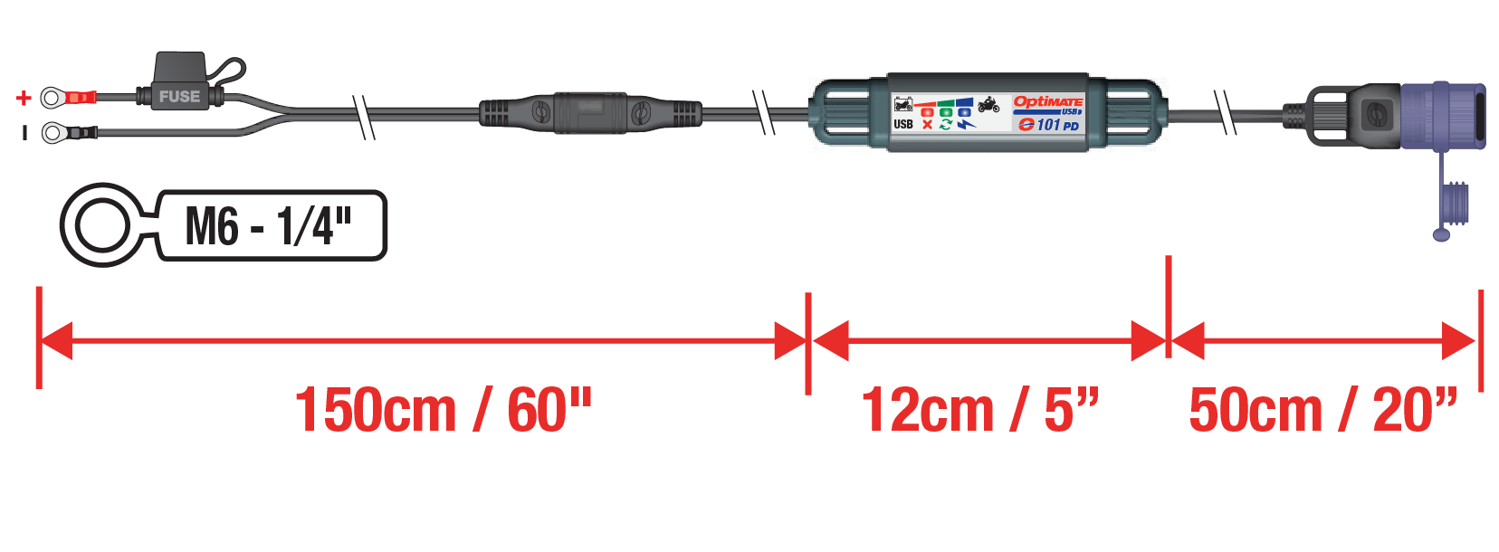 O-118 motorcycle USB c charger cable length + O-31 battery cable extension.